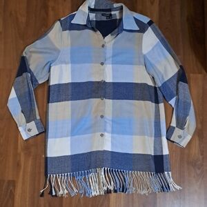 BYLYSE - Sleek Ranch Vibes. Blue And Tan Plaid Button Down Shirt with Fringe